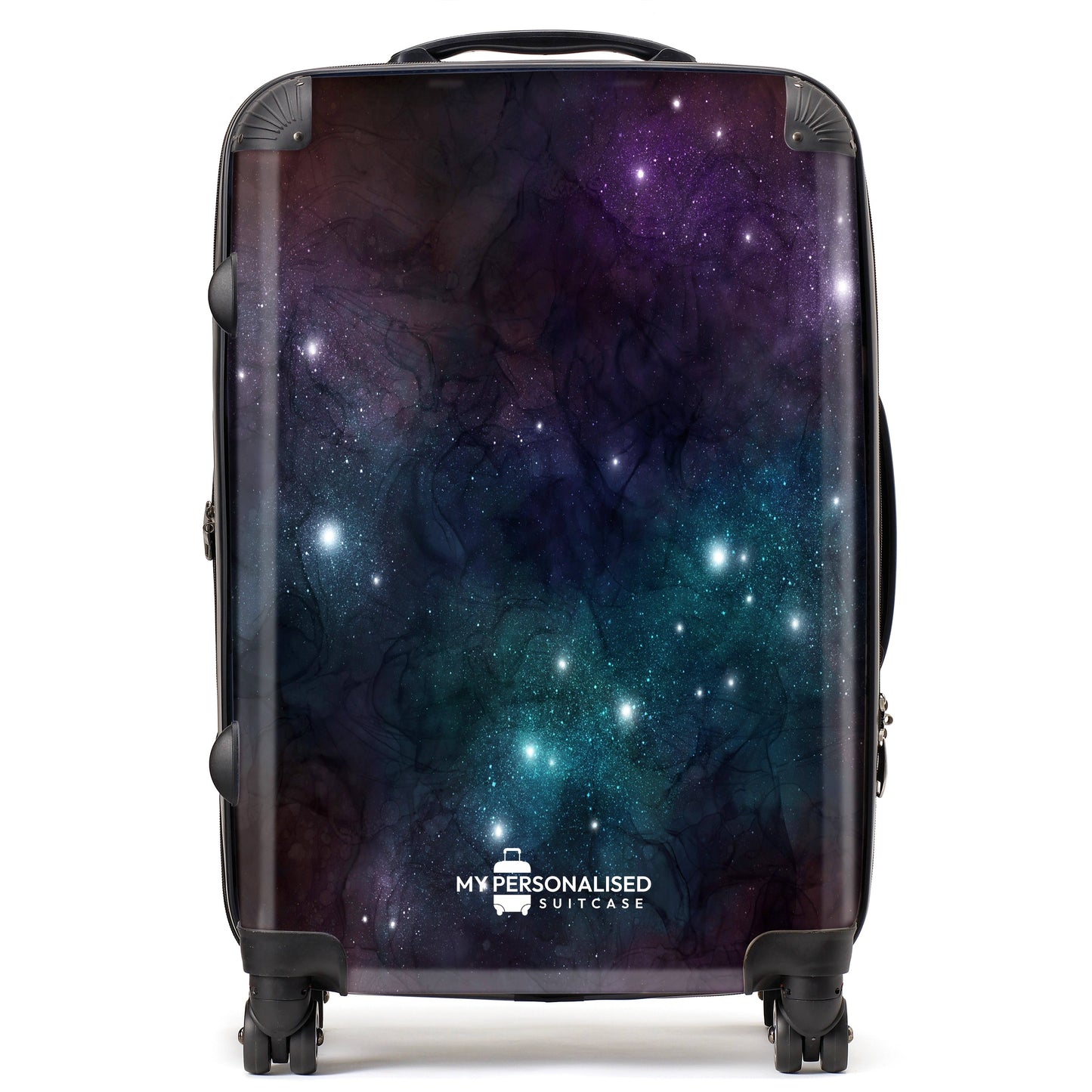 Personalised Awash with Stars Neon Blue and Purple Suitcase