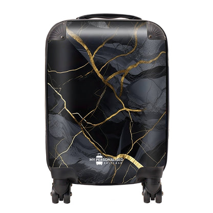 Personalised Black and Gold Cracked Marble Suitcase