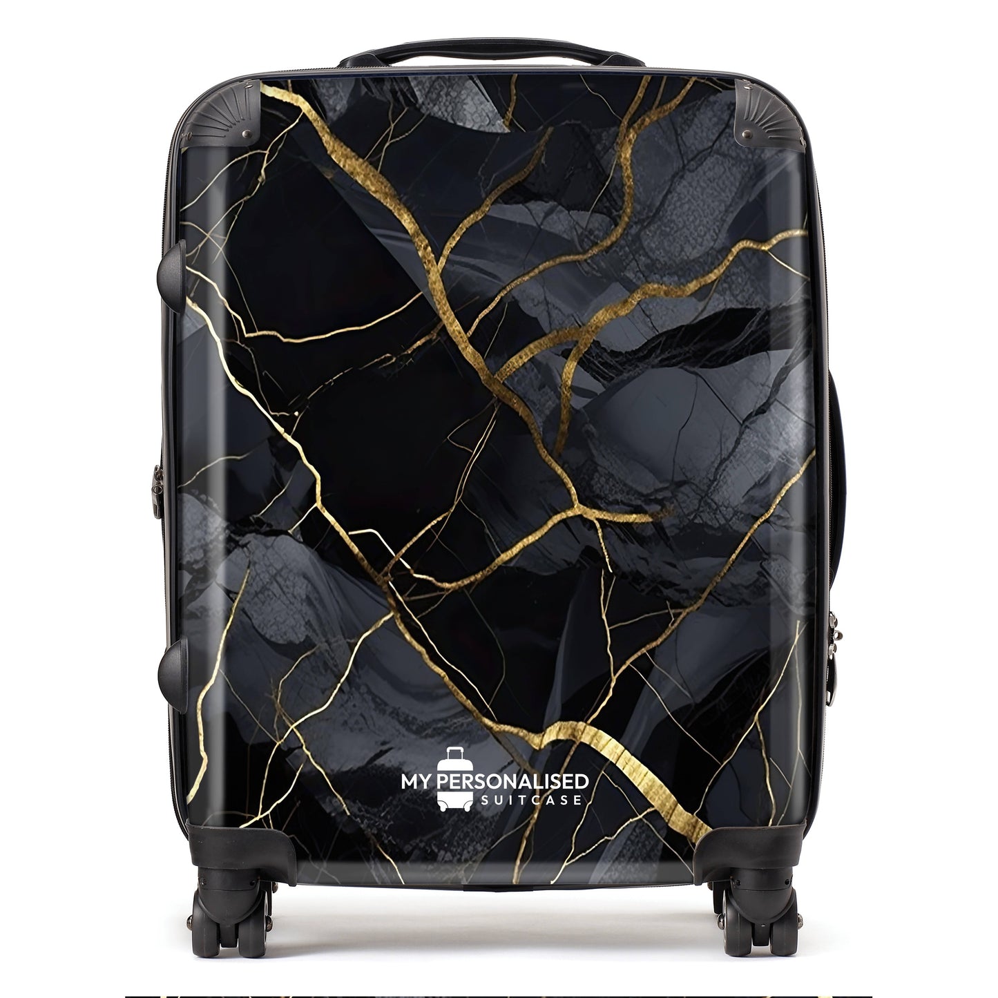 Personalised Black and Gold Cracked Marble Suitcase