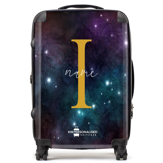 Personalised Awash with Stars Neon Blue and Purple Suitcase